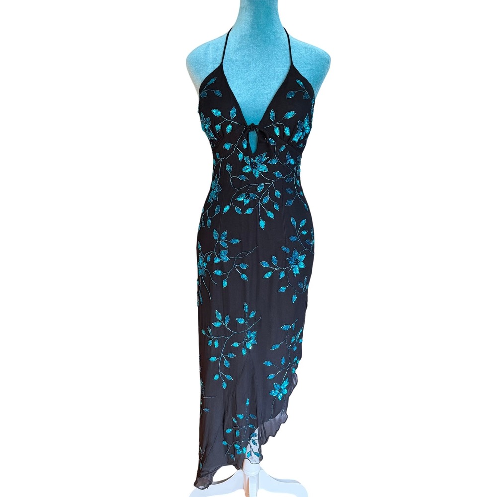 Y2K Floral Cache 100% Silk Halter Black Teal Sequin Beaded Prom Fairy Dress